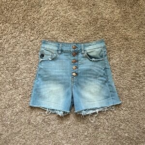 Kancan I Womens High Rise Button Fly Denim Shorts Frayed Hem Light Wash I Size S